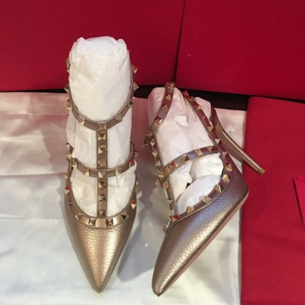 Valentino Rock-Stud Rose-Gold Metallic Shoe